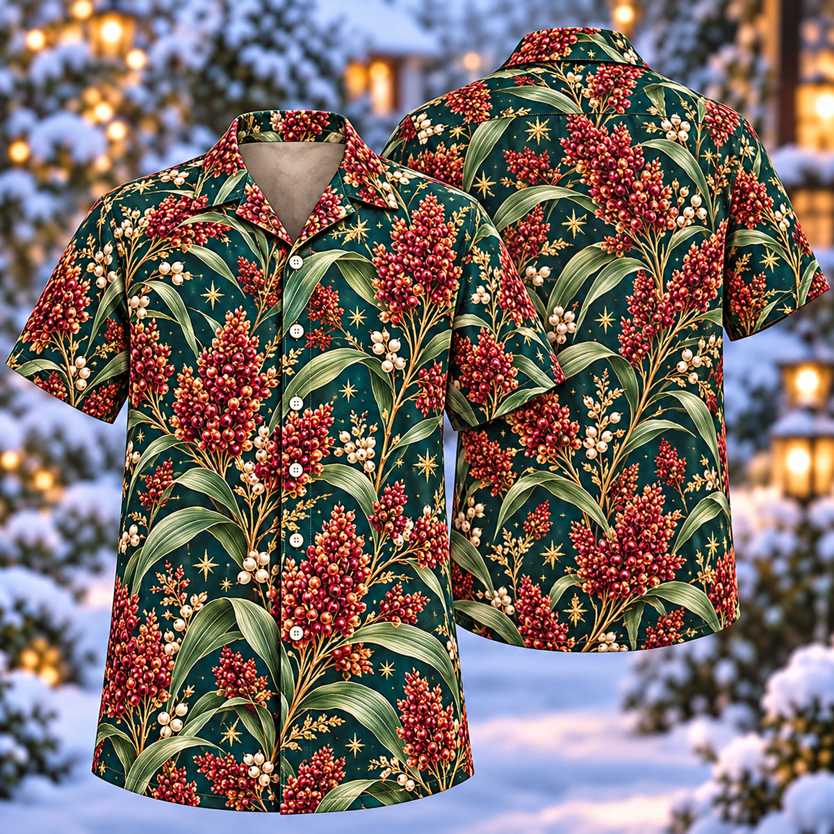 Digital mockup: front and back of one AlohaVero Christmas Burgundy Sorghum Teal Aloha No Pocket Hawaiian shirt