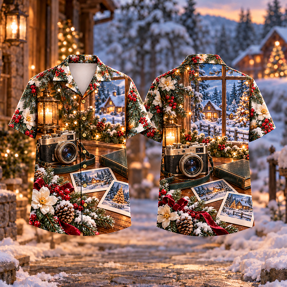 Digital mockup: front and back of one AlohaVero Christmas Camera Memory Print Charcoal Champagne No Pocket Hawaiian shirt