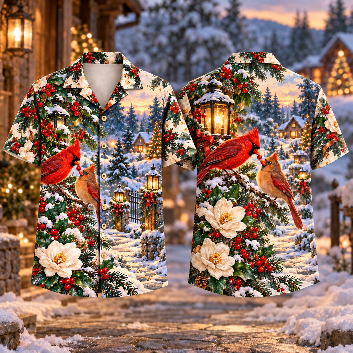 Digital mockup: front and back of one AlohaVero Christmas Cardinal Pair Garden Lantern Ruby Ivory No Pocket Hawaiian shirt