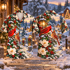 Digital mockup: front and back of one AlohaVero Christmas Cardinal Pair Garden Lantern Ruby Ivory No Pocket Hawaiian shirt