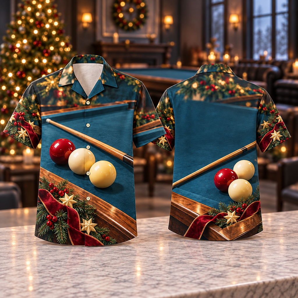 Digital mockup: front and back of one AlohaVero Christmas Carom Petrol Ruby Billiards No Pocket Hawaiian shirt