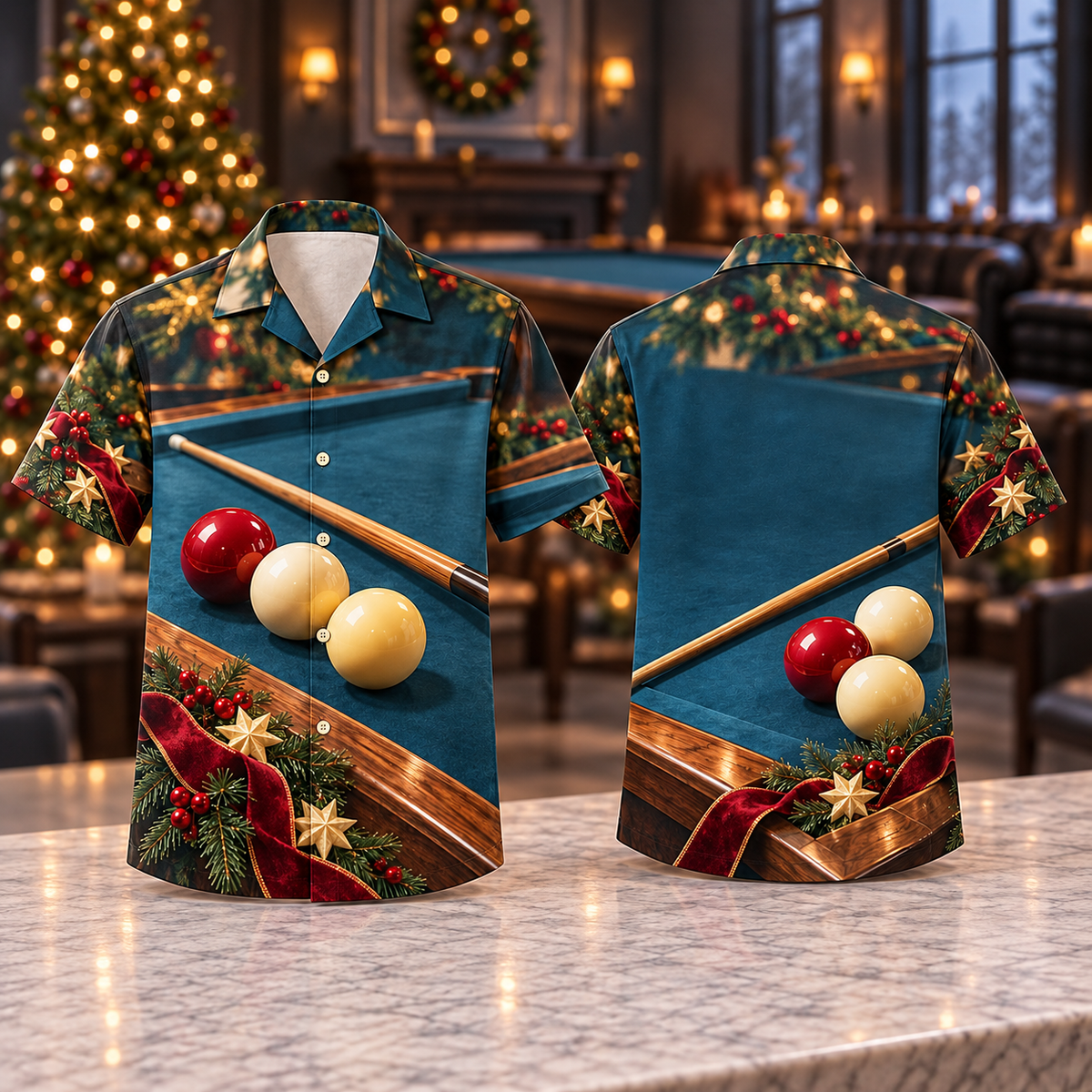 Digital mockup: front and back of one AlohaVero Christmas Carom Petrol Ruby Billiards No Pocket Hawaiian shirt