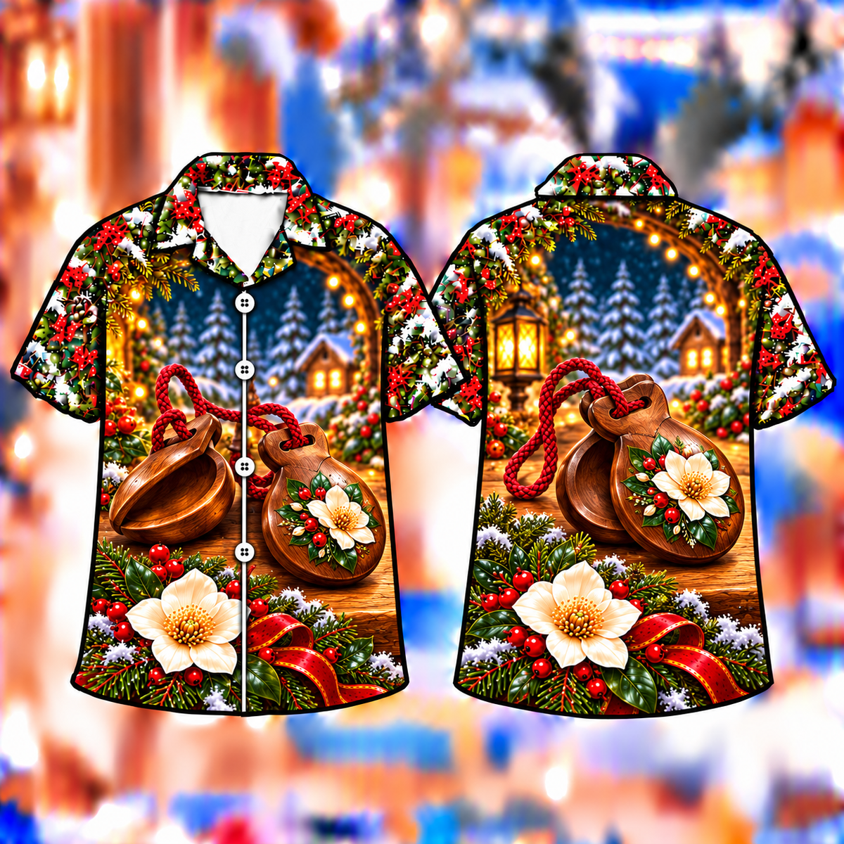 Digital mockup: front and back of one AlohaVero Christmas Castanet Winter Rhythm Print No Pocket Hawaiian shirt