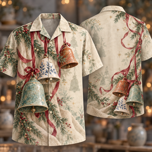 Christmas Celadon Ivory Ceramic Bells Hawaiian Shirt