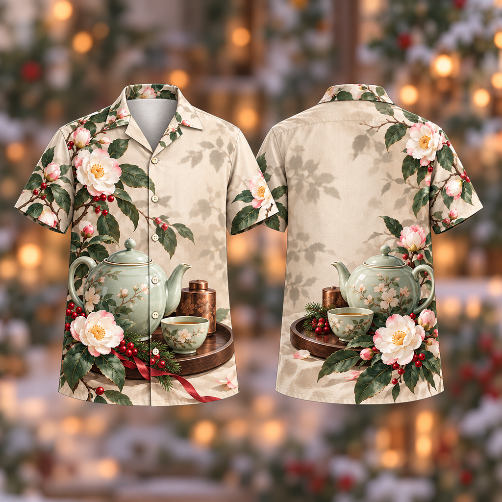 Digital mockup: front and back of one AlohaVero Christmas Celadon Teapot Camellia Round Tray No Pocket Hawaiian shirt