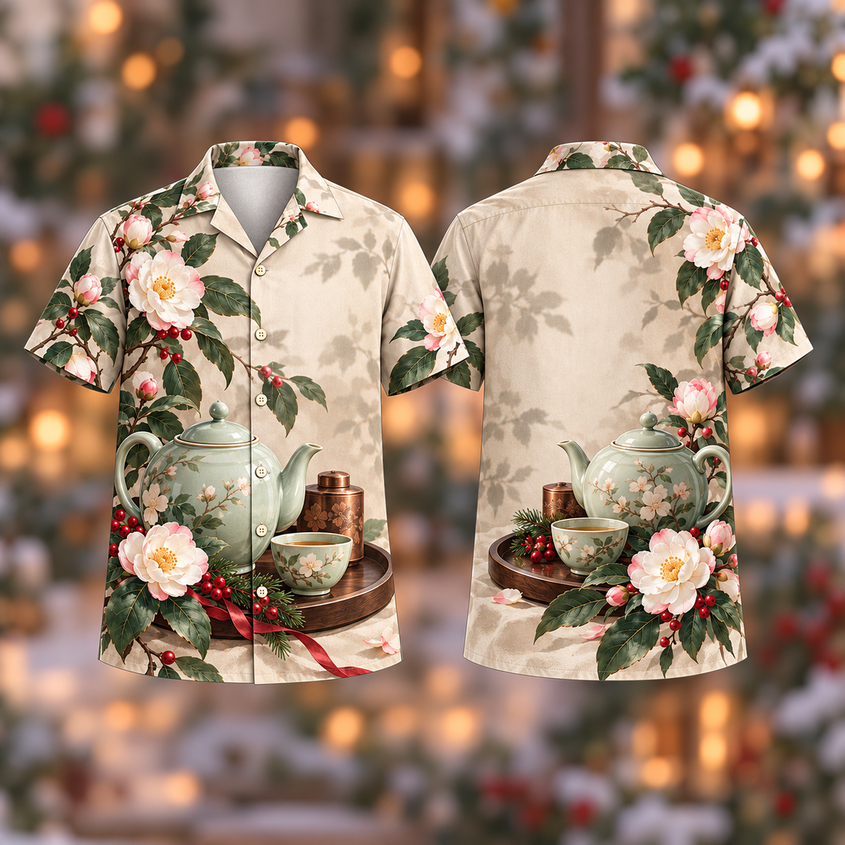 Digital mockup: front and back of one AlohaVero Christmas Celadon Teapot Camellia Round Tray No Pocket Hawaiian shirt