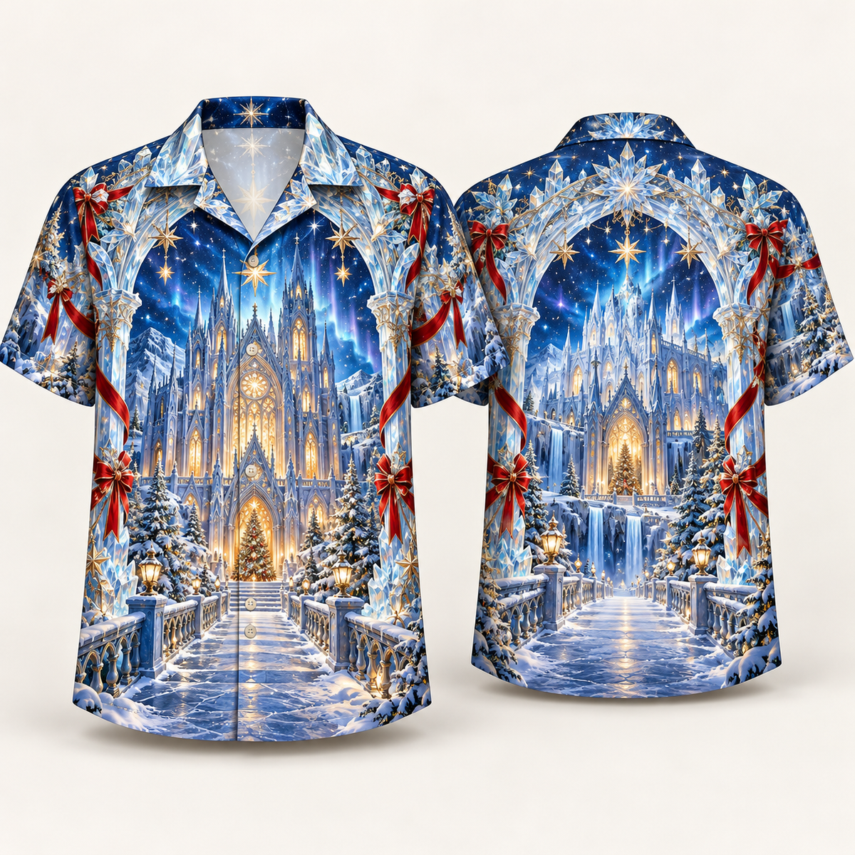 Digital mockup: front and back of one AlohaVero Christmas Celestial Ice Cathedral No Pocket Hawaiian shirt
