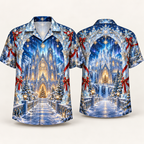 Digital mockup: front and back of one AlohaVero Christmas Celestial Ice Cathedral No Pocket Hawaiian shirt