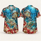 Digital mockup: front and back of one AlohaVero Christmas Celestial Sea Turtle Coral Observatory No Pocket Hawaiian shirt