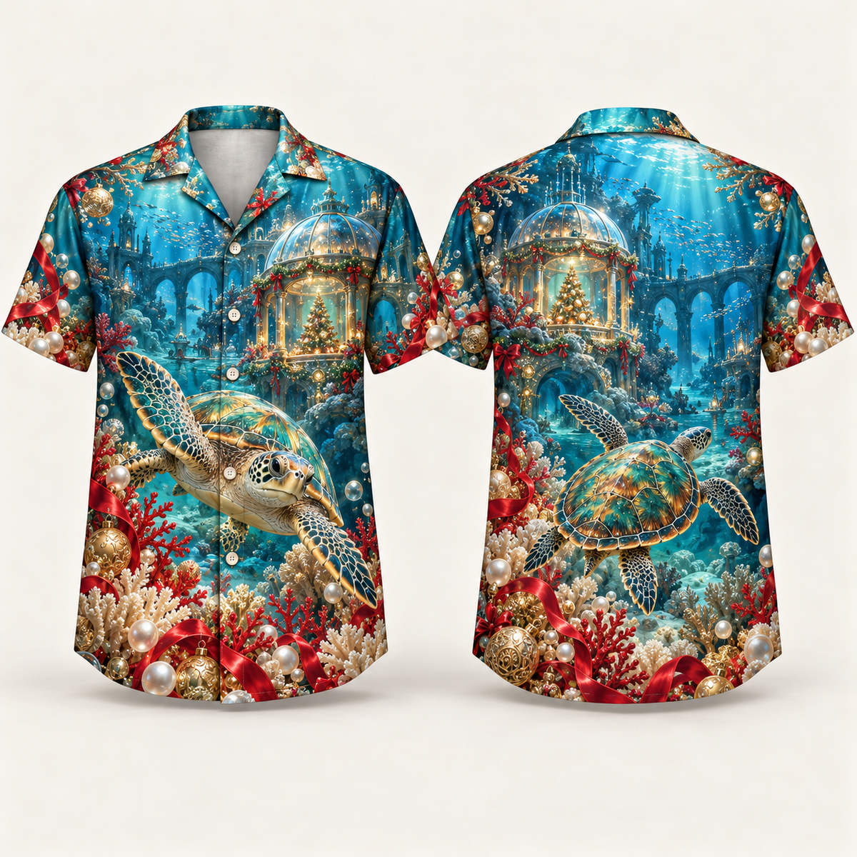 Digital mockup: front and back of one AlohaVero Christmas Celestial Sea Turtle Coral Observatory No Pocket Hawaiian shirt