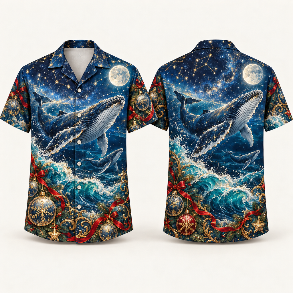 Digital mockup: front and back of one AlohaVero Christmas Celestial Whale Ornament Ocean No Pocket Hawaiian shirt