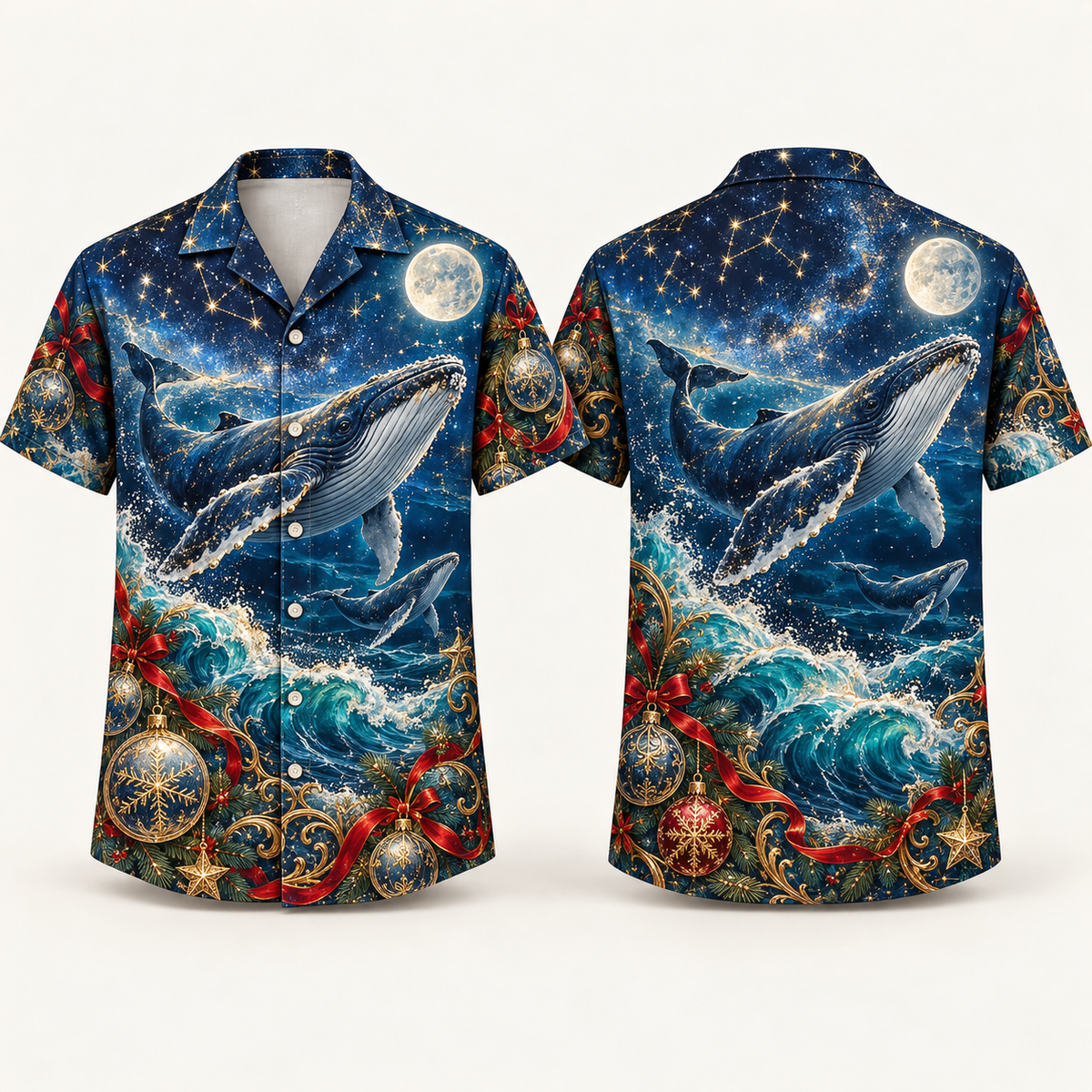 Digital mockup: front and back of one AlohaVero Christmas Celestial Whale Ornament Ocean No Pocket Hawaiian shirt
