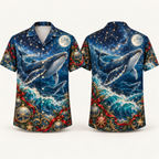 Digital mockup: front and back of one AlohaVero Christmas Celestial Whale Ornament Ocean No Pocket Hawaiian shirt