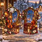 Digital mockup: front and back of one AlohaVero Christmas Cello Music Room Amber Midnight No Pocket Hawaiian shirt