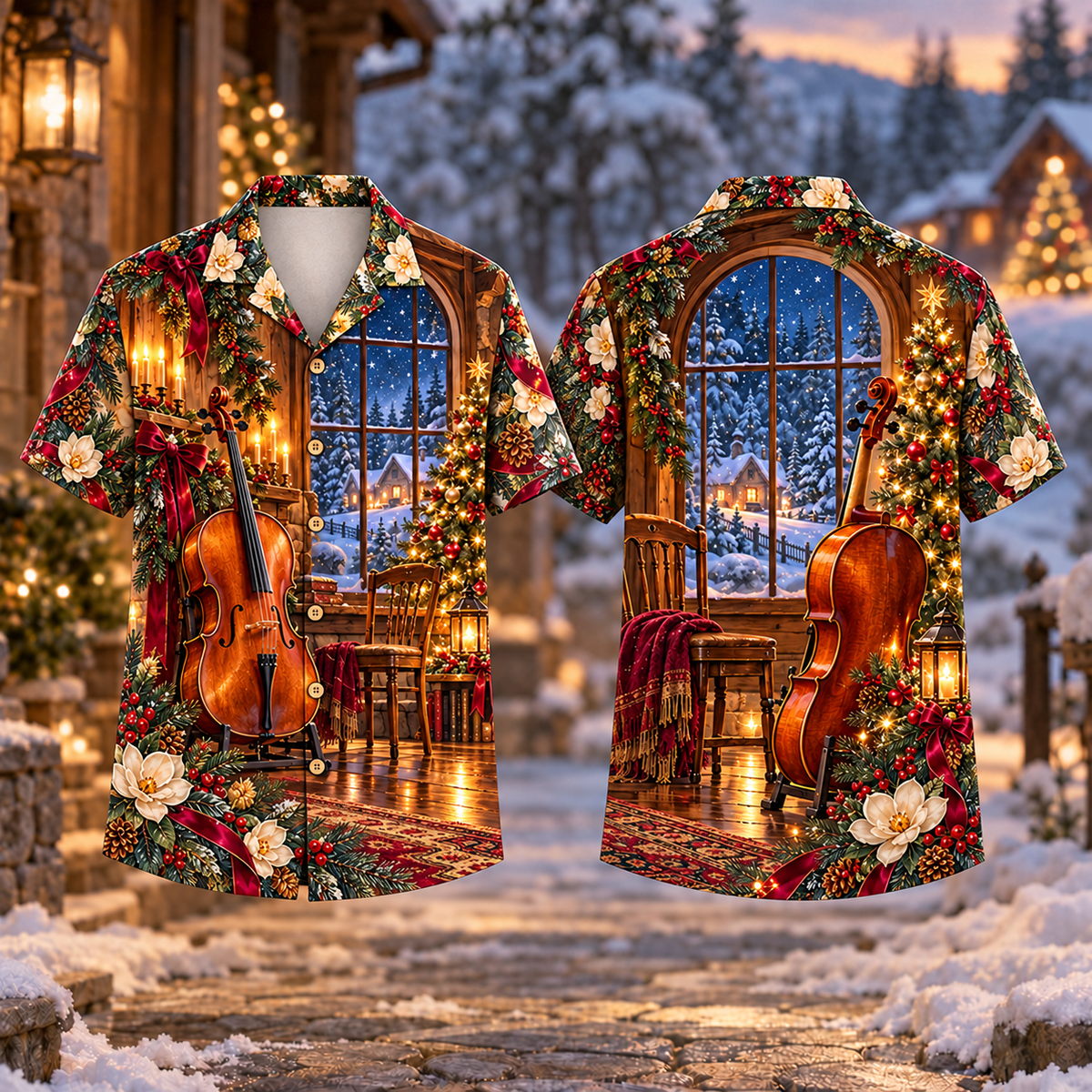 Digital mockup: front and back of one AlohaVero Christmas Cello Music Room Amber Midnight No Pocket Hawaiian shirt