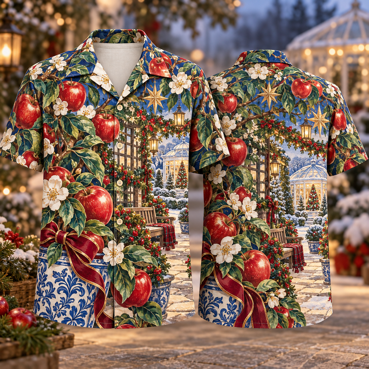 Digital mockup: front and back of one AlohaVero Christmas Ceramic Apple Orchard Courtyard Cobalt Ruby Ivory No Pocket Hawaiian shirt