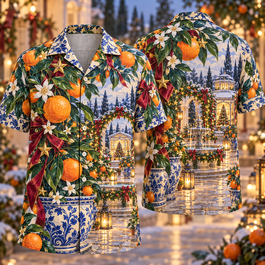 Digital mockup: front and back of one AlohaVero Christmas Ceramic Orange Orchard Courtyard Cobalt Tangerine Ivory No Pocket Hawaiian shirt
