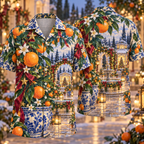 Digital mockup: front and back of one AlohaVero Christmas Ceramic Orange Orchard Courtyard Cobalt Tangerine Ivory No Pocket Hawaiian shirt