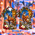Digital mockup: front and back of one AlohaVero Christmas Chamois Alpine Lantern Print No Pocket Hawaiian shirt