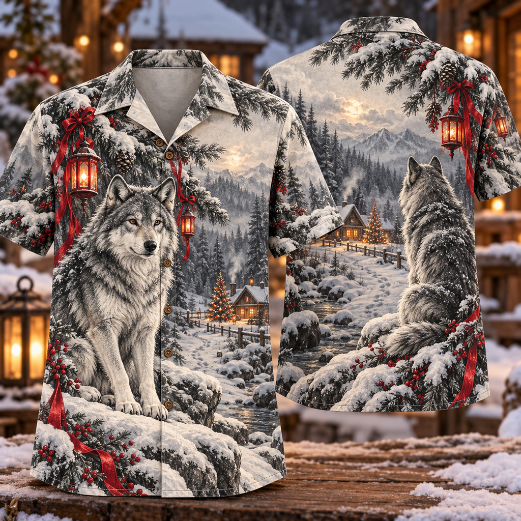 Digital mockup: front and back of one AlohaVero Christmas Charcoal Wolf Ruby Lantern Snow Forest Ivory Graphite No Pocket Hawaiian shirt