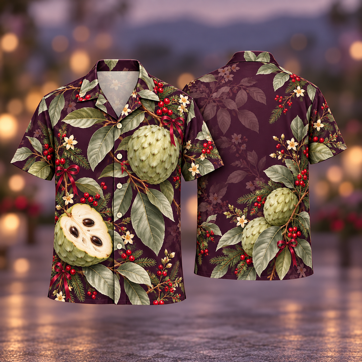 Digital mockup: front and back of one AlohaVero Christmas Cherimoya Jade Aubergine No Pocket Hawaiian shirt