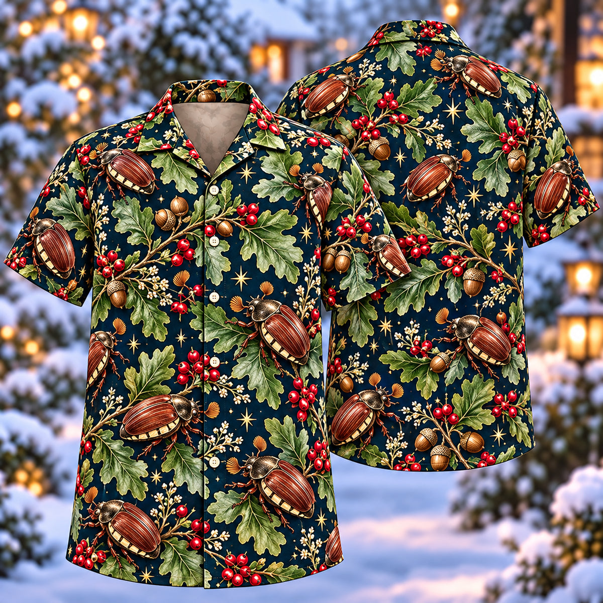 Digital mockup: front and back of one AlohaVero Christmas Chestnut Cockchafer Oak Aloha No Pocket Hawaiian shirt