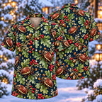 Digital mockup: front and back of one AlohaVero Christmas Chestnut Cockchafer Oak Aloha No Pocket Hawaiian shirt