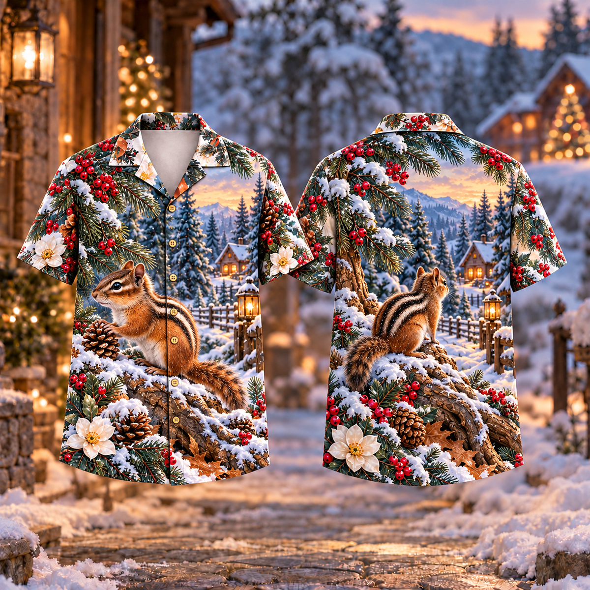 Digital mockup: front and back of one AlohaVero Christmas Chipmunk Pinecone Pause Print No Pocket Hawaiian shirt