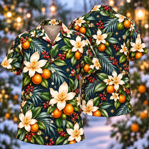Christmas Citrus Blossom Amber Navy Aloha Hawaiian Shirt