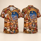 Digital mockup: front and back of one AlohaVero Christmas Clockwork Gingerbread Village No Pocket Hawaiian shirt