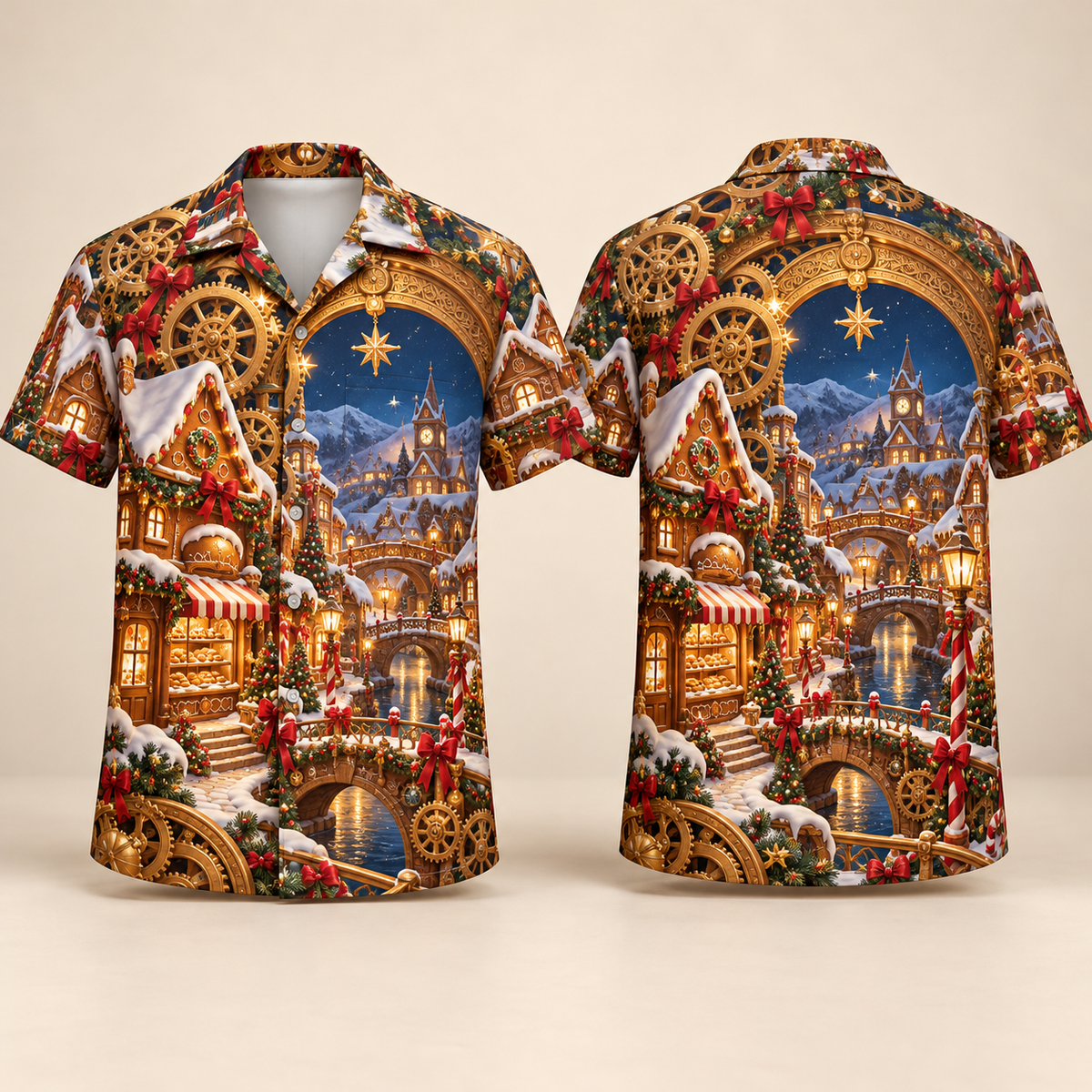 Digital mockup: front and back of one AlohaVero Christmas Clockwork Gingerbread Village No Pocket Hawaiian shirt