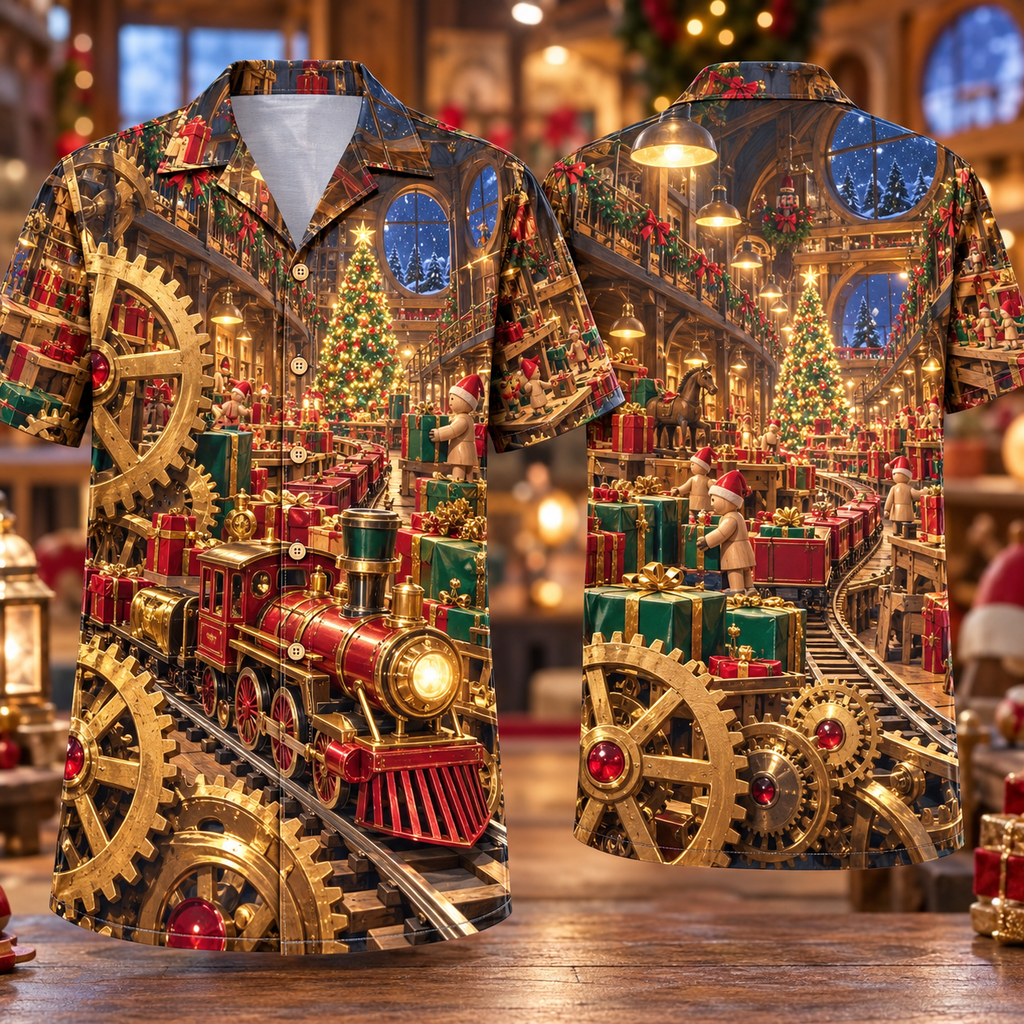 Digital mockup: front and back of one AlohaVero Christmas Clockwork Toy Workshop Ruby Emerald Golden Gears No Pocket Hawaiian shirt