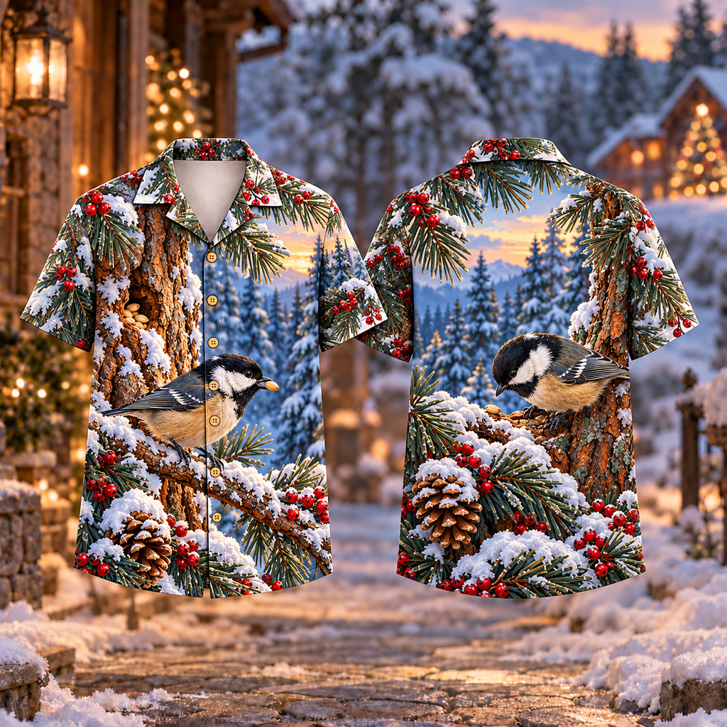 Digital mockup: front and back of one AlohaVero Christmas Coal Tit Winter Provision Print No Pocket Hawaiian shirt