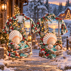 Digital mockup: front and back of one AlohaVero Christmas Coastal Memory Box Seashell Print No Pocket Hawaiian shirt