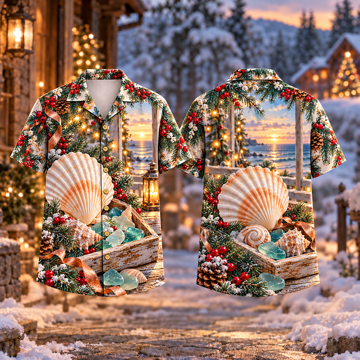 Digital mockup: front and back of one AlohaVero Christmas Coastal Memory Box Seashell Print No Pocket Hawaiian shirt
