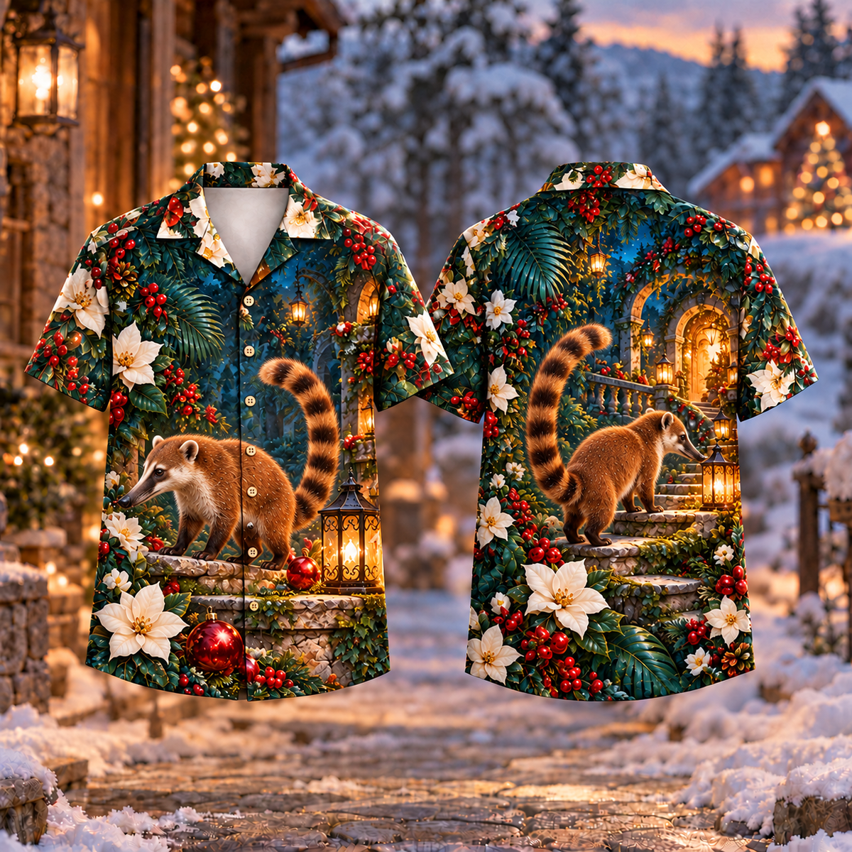 Digital mockup: front and back of one AlohaVero Christmas Coati Lantern Terrace Print No Pocket Hawaiian shirt