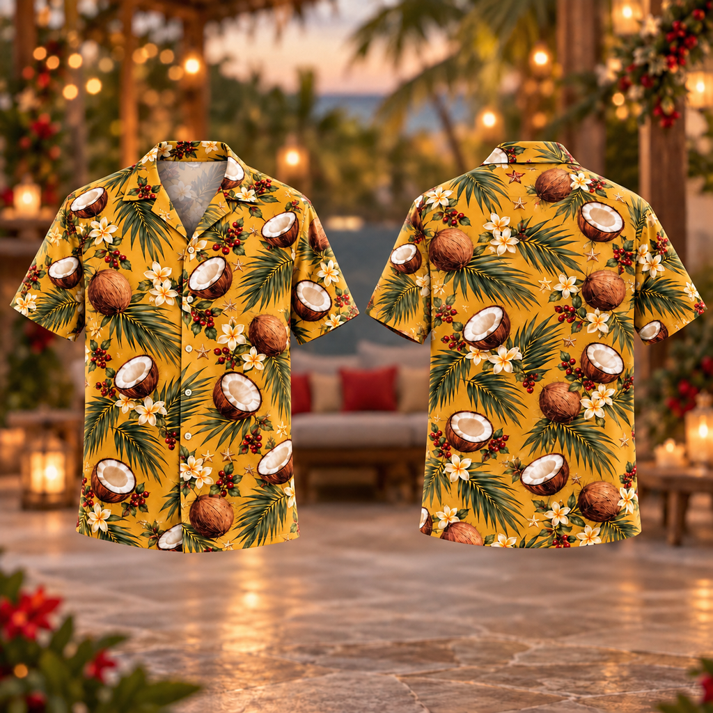 Digital mockup: front and back of one AlohaVero Christmas Coconut Palm Turmeric Aloha No Pocket Hawaiian shirt