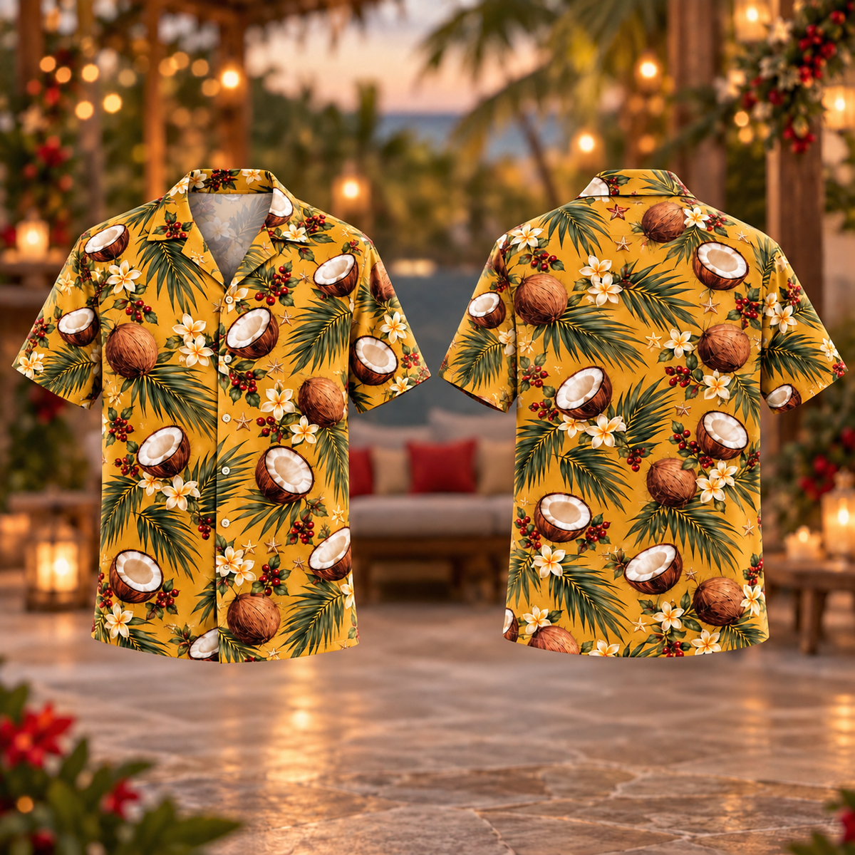 Digital mockup: front and back of one AlohaVero Christmas Coconut Palm Turmeric Aloha No Pocket Hawaiian shirt