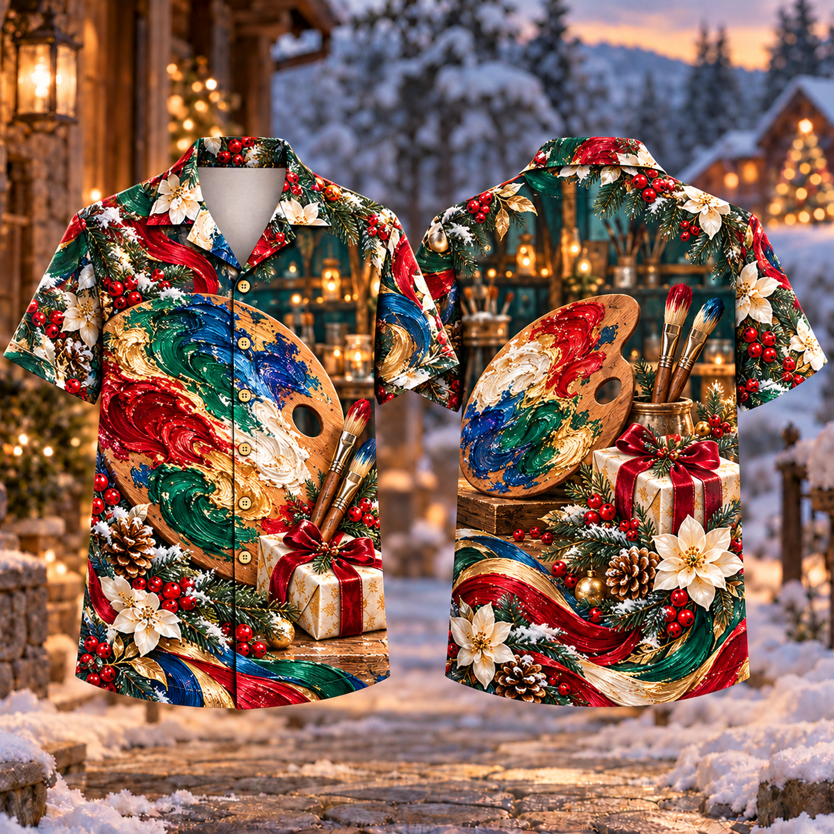 Digital mockup: front and back of one AlohaVero Christmas Color Makers Gift Print No Pocket Hawaiian shirt