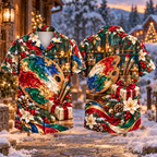 Digital mockup: front and back of one AlohaVero Christmas Color Makers Gift Print No Pocket Hawaiian shirt