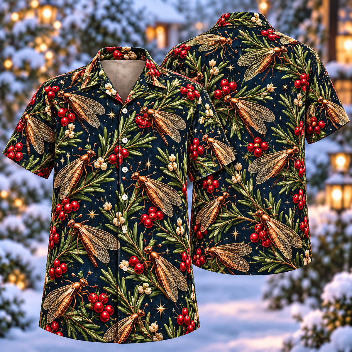 Digital mockup: front and back of one AlohaVero Christmas Copper Antlion Rosemary Indigo Aloha No Pocket Hawaiian shirt