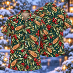 Digital mockup: front and back of one AlohaVero Christmas Copper Caddisfly Willow Teal Aloha No Pocket Hawaiian shirt
