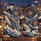 Digital mockup: front and back of one AlohaVero Christmas Copper Engraving Whale Ocean Compass Midnight Ivory Ruby No Pocket Hawaiian shirt