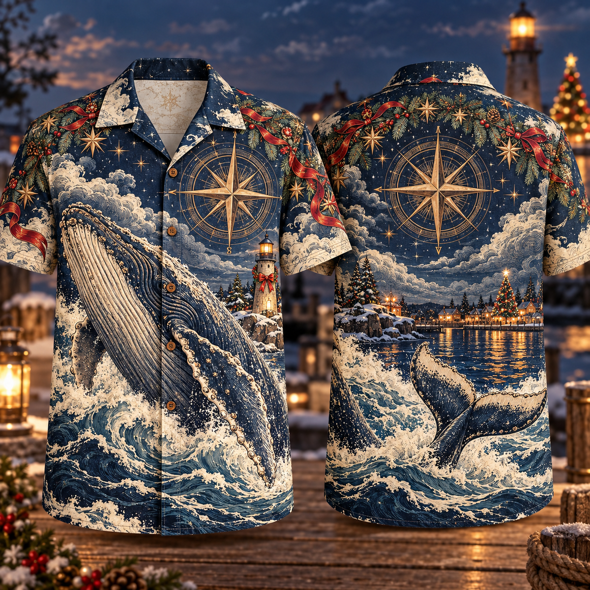 Digital mockup: front and back of one AlohaVero Christmas Copper Engraving Whale Ocean Compass Midnight Ivory Ruby No Pocket Hawaiian shirt