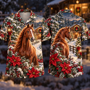 Christmas Copper Horse Ruby Poinsettia Snowy Stable Hawaiian Shirt