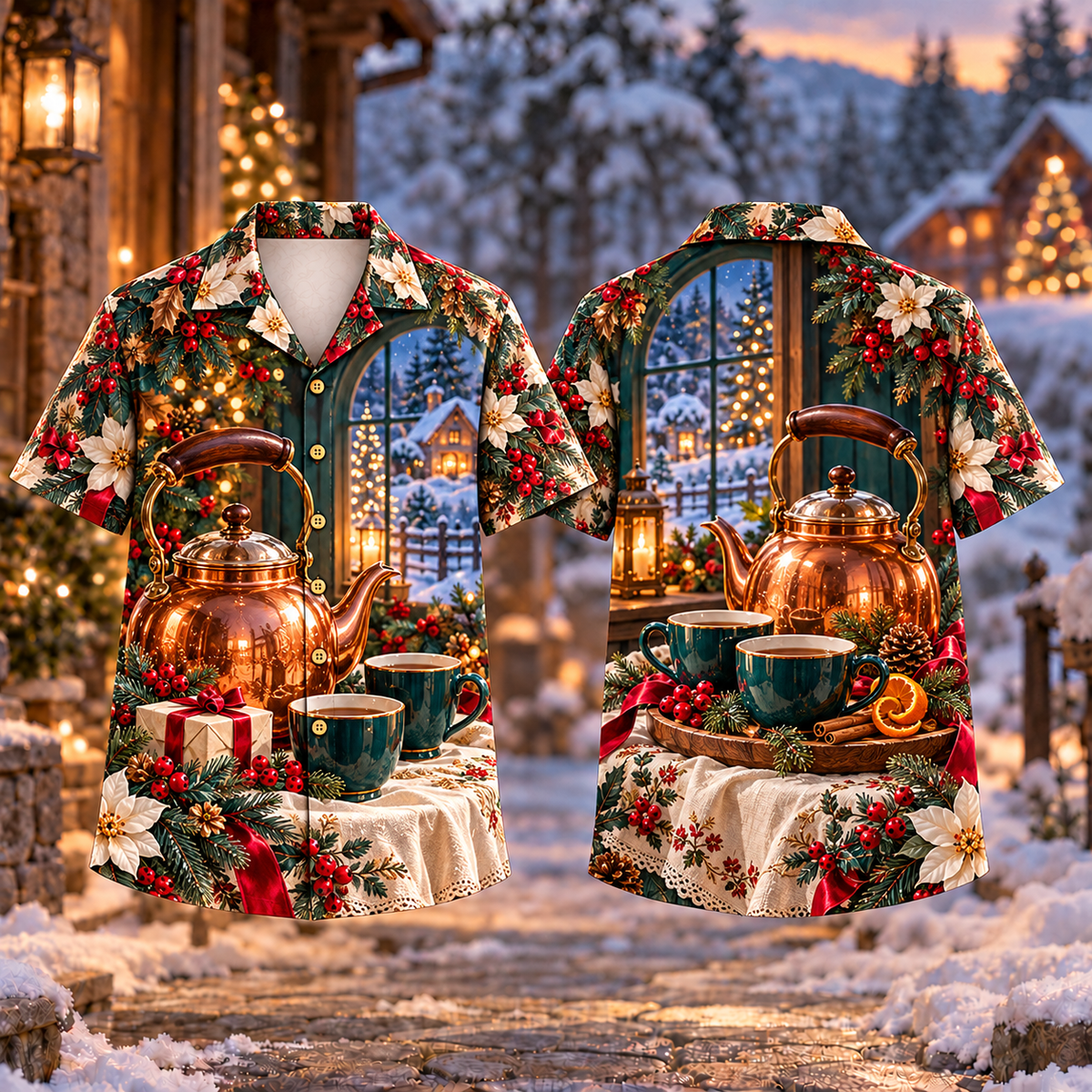 Digital mockup: front and back of one AlohaVero Christmas Copper Kettle Welcome Print No Pocket Hawaiian shirt