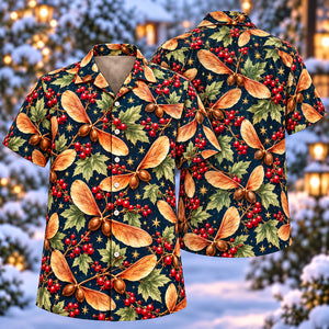 Christmas Copper Maple Samara Navy Aloha Hawaiian Shirt