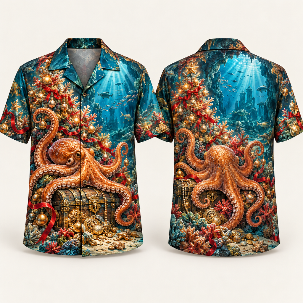 Digital mockup: front and back of one AlohaVero Christmas Copper Octopus Sunken Treasure Grotto No Pocket Hawaiian shirt