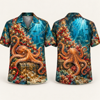 Digital mockup: front and back of one AlohaVero Christmas Copper Octopus Sunken Treasure Grotto No Pocket Hawaiian shirt