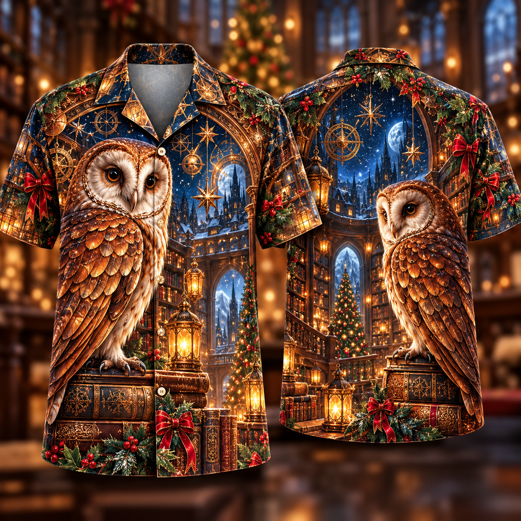 Digital mockup: front and back of one AlohaVero Christmas Copper Owl Celestial Clockwork Library No Pocket Hawaiian shirt